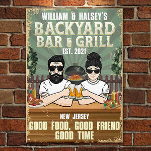 Bar et grill d'arrière-cour, bonne cuisine, bons amis et bons moments - Cadeau pour couples, mari et femme, plaque en métal personnalisée