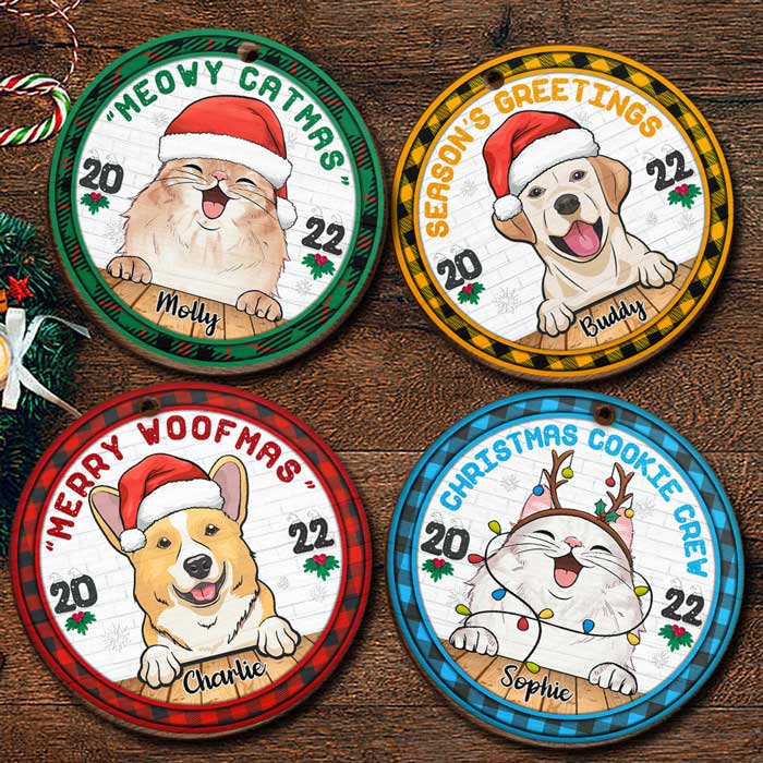 Christmas Cookie Crew - Chiens et chats - Décoration de Noël ronde en bois personnalisée