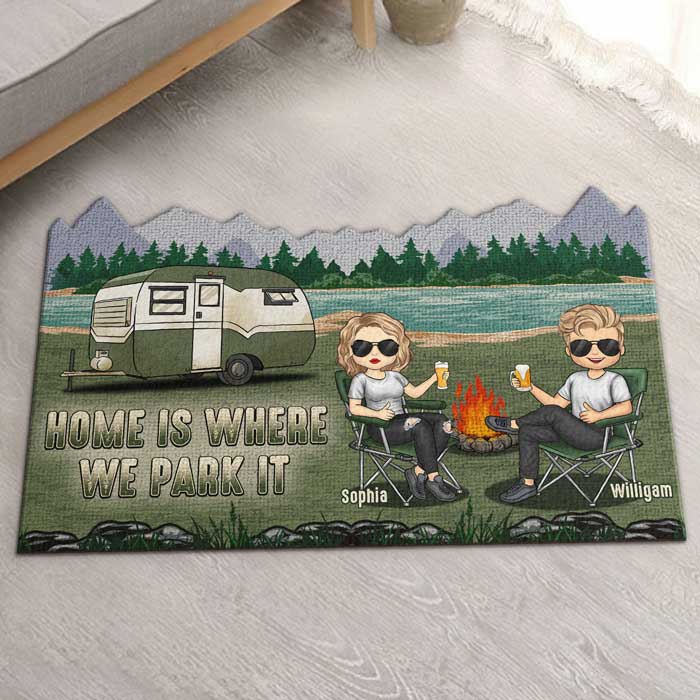 La maison est là où nous la garons - Tapis décoratif personnalisé - Cadeau pour les couples, cadeau pour les amateurs de camping 