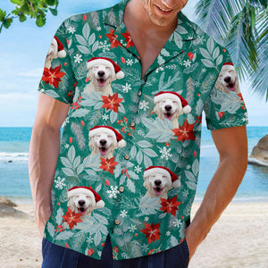 Motif floral de Noël - Chemise hawaïenne unisexe personnalisée pour chien et chat - Télécharger une image, visage de chien ou de chat - Cadeau de vacances d'été, cadeau pour propriétaires d'animaux et amoureux des animaux