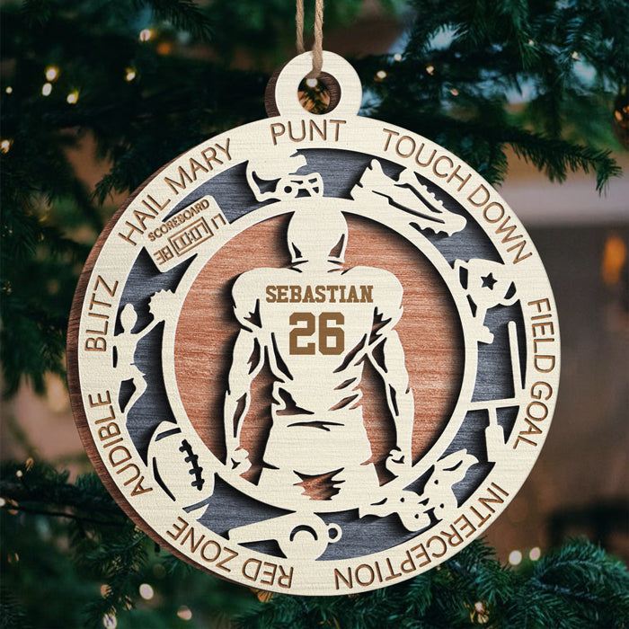 Série Sport - Football américain, baseball, basketball, hockey et plus encore - Décoration de Noël ronde en bois personnalisée