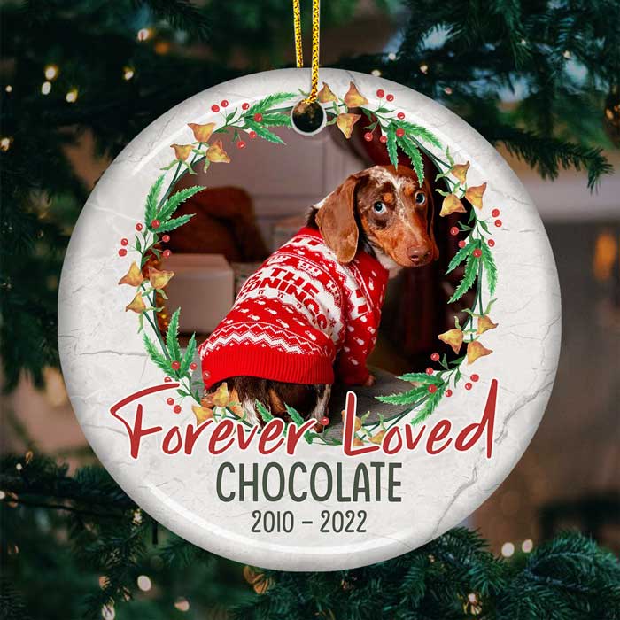 Aimé pour toujours, à la douce mémoire de votre bien-aimé - Décoration de Noël ronde en céramique personnalisée - Télécharger une image, cadeau commémoratif, cadeau de condoléances, cadeau pour les amoureux des animaux, cadeau de Noël