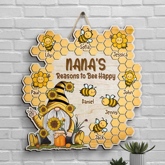 Grandma Bee Happy - Panneau en bois personnalisé - Cadeau pour grand-mère et grands-parents