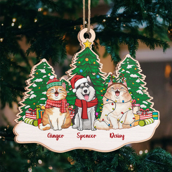 Sapin de Noël assis sur la neige - Décoration personnalisée pour chien et chat - Forme unique en bois - Cadeau de Noël pour les propriétaires et les amoureux des animaux