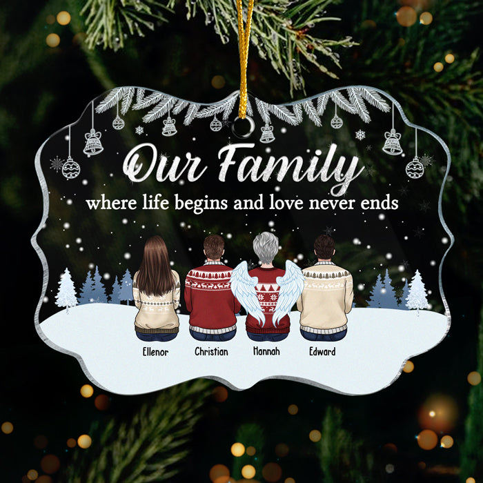 Our Family Where Life Begins & Love Never Ends - Personalized Custom Benelux Shaped Acrylic Christmas Ornament - Gift For Family Members, Christmas Gift