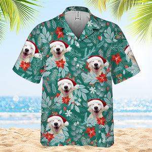 Motif floral de Noël - Chemise hawaïenne unisexe personnalisée pour chien et chat - Télécharger une image, visage de chien ou de chat - Cadeau de vacances d'été, cadeau pour propriétaires d'animaux et amoureux des animaux