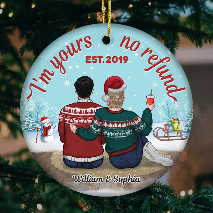 Je suis à toi, pas de remboursement - Décoration de Noël ronde personnalisée en céramique - Cadeau pour couple, mari et femme, anniversaire, fiançailles, mariage, cadeau de mariage, cadeau de Noël
