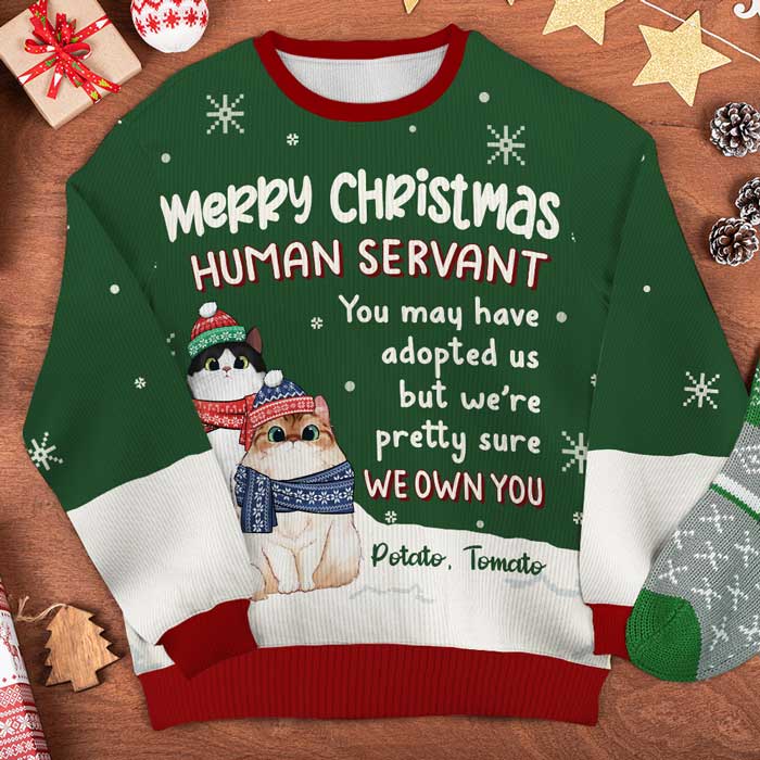 Joyeux Noël Serviteur Humain - Sweat-shirt de Noël unisexe personnalisé, sweat-shirt en laine, sweat-shirt imprimé intégral - Cadeau pour les amoureux des chats, les amoureux des animaux, cadeau de Noël