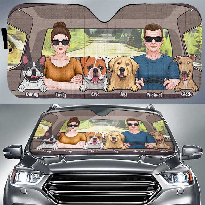 Couple conduisant avec un chien - Pare-soleil de voiture personnalisé - Cadeau pour couple, mari et femme