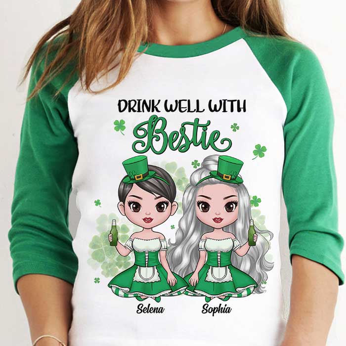 Drink Well With Bestie - Gift For Besties, Personalized St. Patrick's Day Unisex Raglan Shirt.