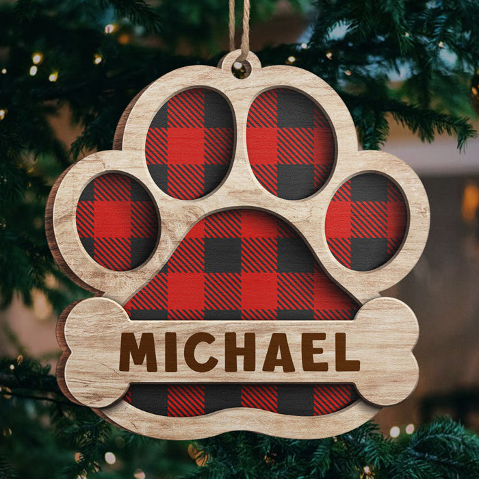 Motifs à carreaux de buffle rouge, bleu, jaune et vert - Décoration de Noël en bois personnalisée en forme de patte - Cadeau pour les amoureux des chiens, les amoureux des animaux, cadeau de Noël