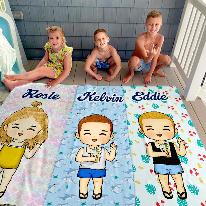 Le bonheur arrive par vagues - Serviette de plage personnalisée - Cadeau pour la famille, cadeau pour les enfants