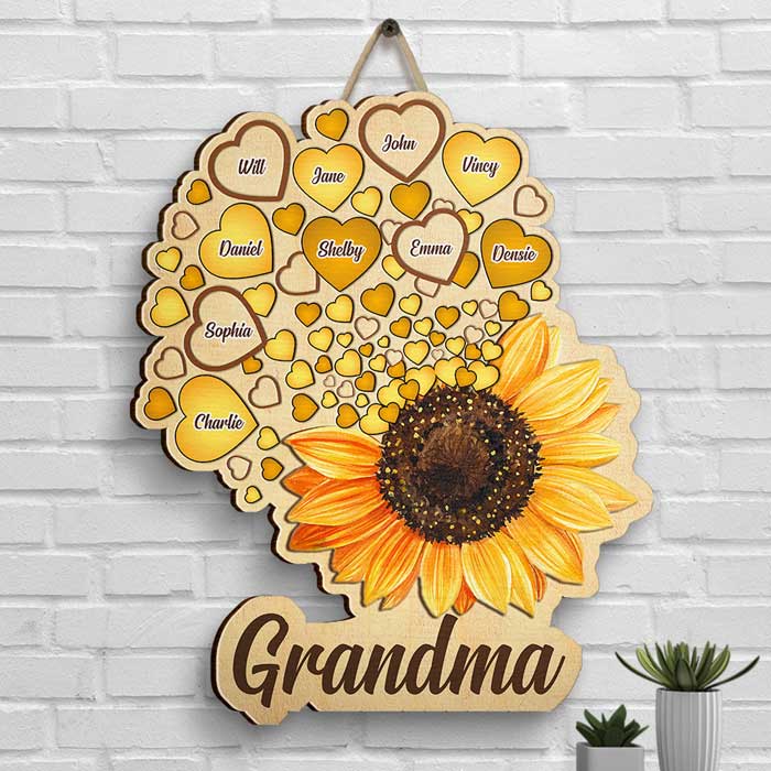 Grand-mère Tournesol avec cœur - Cadeau pour maman et grand-mère - Panneau en bois personnalisé