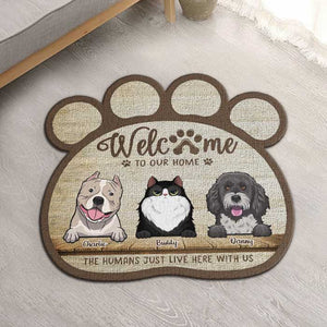 Les humains vivent ici avec nous - Tapis décoratif personnalisé - Cadeau pour les amoureux des animaux
