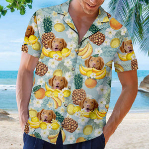 Motif fruits tropicaux - T-shirt hawaïen unisexe personnalisé pour chien et chat - Télécharger une image, visage de chien ou de chat - Cadeau vacances d'été, cadeau pour propriétaires d'animaux et amoureux des animaux