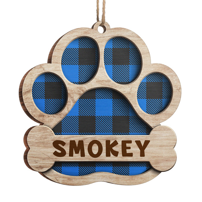 Motifs à carreaux de buffle rouge, bleu, jaune et vert - Décoration de Noël en bois personnalisée en forme de patte - Cadeau pour les amoureux des chiens, les amoureux des animaux, cadeau de Noël