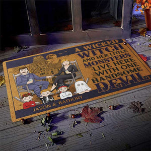 A Wicked Witch & A Handsome Devil Live Here With Their Lil Monsters - Personalized Decorative Mat - Gift For Couple, Husband Wife, Halloween Gift