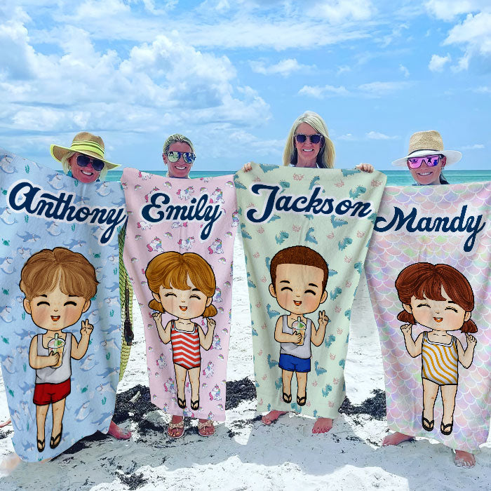 Le bonheur arrive par vagues - Serviette de plage personnalisée - Cadeau pour la famille, cadeau pour les enfants