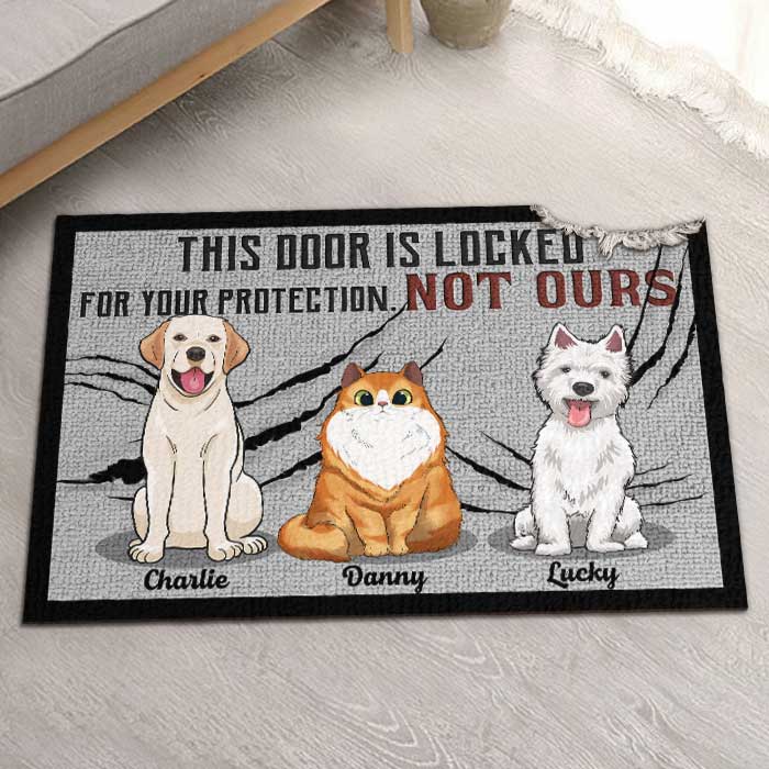 Cette porte est verrouillée pour votre protection - Tapis décoratif personnalisé - Cadeau pour les amoureux des animaux, les propriétaires d'animaux, cadeau pour animaux de compagnie