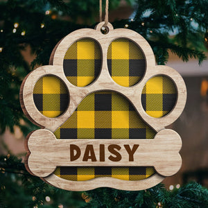 Motifs à carreaux de buffle rouge, bleu, jaune et vert - Décoration de Noël en bois personnalisée en forme de patte - Cadeau pour les amoureux des chiens, les amoureux des animaux, cadeau de Noël
