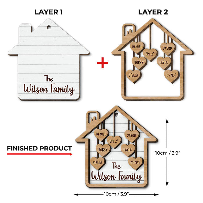Ensemble, nous formons une famille - Décoration de Noël personnalisée en bois à deux couches en forme de maison - Cadeau pour un membre de la famille, cadeau de Noël