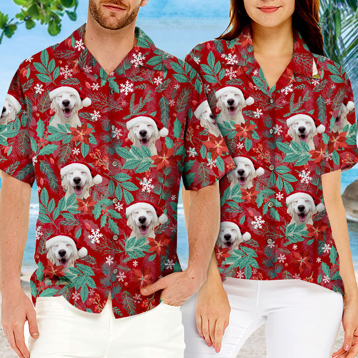 Motif floral de Noël - Chemise hawaïenne unisexe personnalisée pour chien et chat - Télécharger une image, visage de chien ou de chat - Cadeau de vacances d'été, cadeau pour propriétaires d'animaux et amoureux des animaux