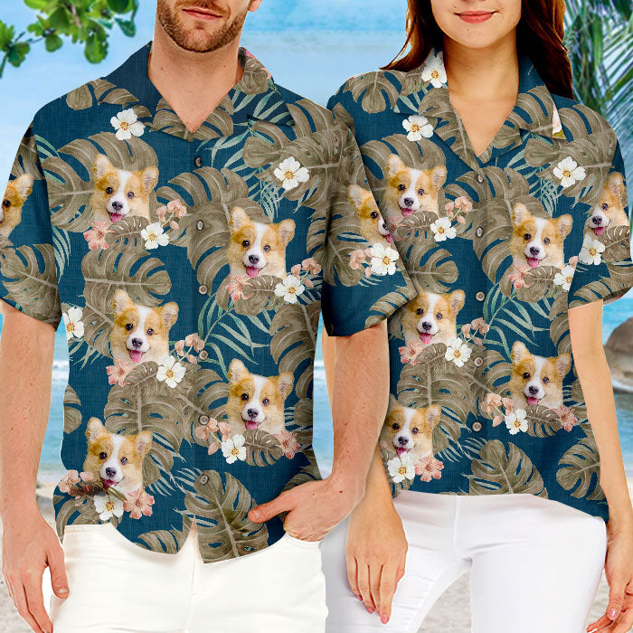 Feuilles tropicales et animaux de compagnie - T-shirt hawaïen unisexe personnalisé pour chien et chat - Télécharger une image, visage de chien, visage de chat - Cadeau vacances d'été, cadeau pour propriétaires d'animaux et amoureux des animaux