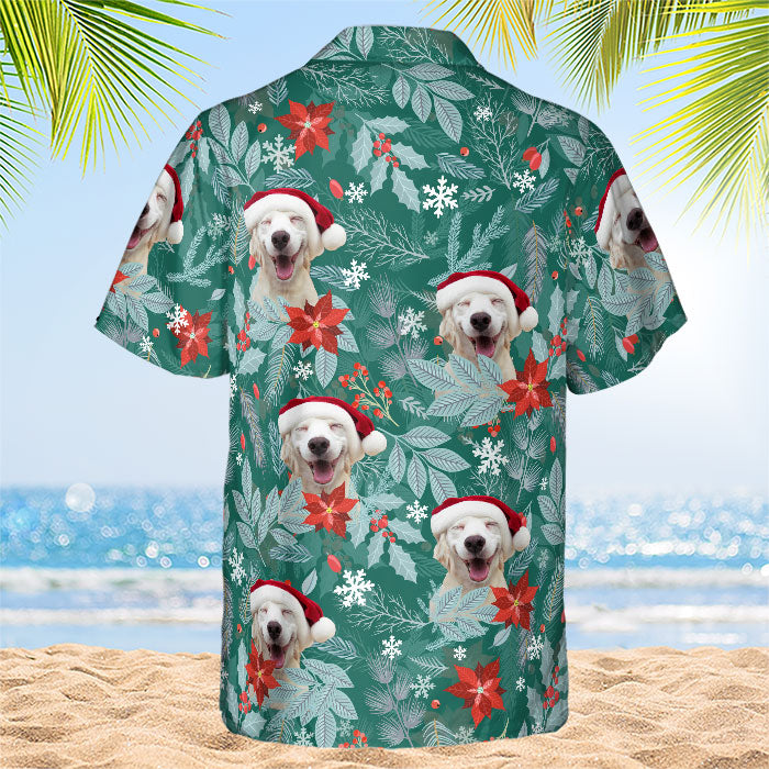 Motif floral de Noël - Chemise hawaïenne unisexe personnalisée pour chien et chat - Télécharger une image, visage de chien ou de chat - Cadeau de vacances d'été, cadeau pour propriétaires d'animaux et amoureux des animaux