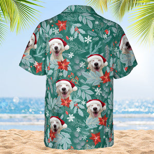 Motif floral de Noël - Chemise hawaïenne unisexe personnalisée pour chien et chat - Télécharger une image, visage de chien ou de chat - Cadeau de vacances d'été, cadeau pour propriétaires d'animaux et amoureux des animaux