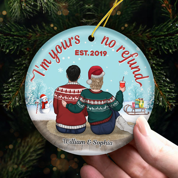 Je suis à toi, pas de remboursement - Décoration de Noël ronde personnalisée en céramique - Cadeau pour couple, mari et femme, anniversaire, fiançailles, mariage, cadeau de mariage, cadeau de Noël