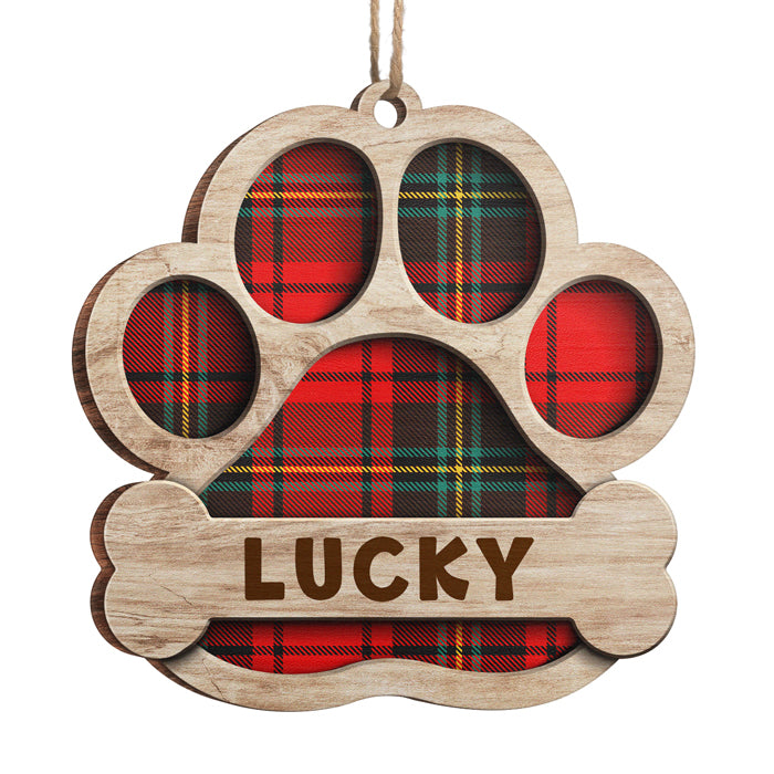 Motifs à carreaux de buffle rouge, bleu, jaune et vert - Décoration de Noël en bois personnalisée en forme de patte - Cadeau pour les amoureux des chiens, les amoureux des animaux, cadeau de Noël