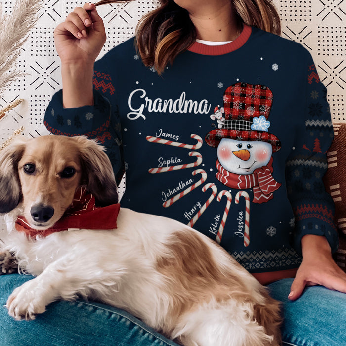 Sweat-shirt de Noël unisexe personnalisé « Nana Snowman Candy Cane » en laine, imprimé intégral, cadeau pour grand-mère, grands-parents, Noël