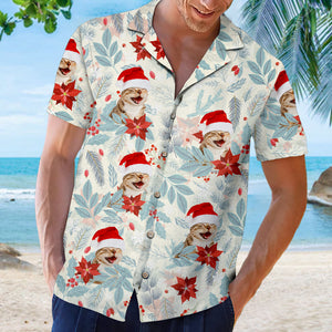 Motif floral de Noël - Chemise hawaïenne unisexe personnalisée pour chien et chat - Télécharger une image, visage de chien ou de chat - Cadeau de vacances d'été, cadeau pour propriétaires d'animaux et amoureux des animaux