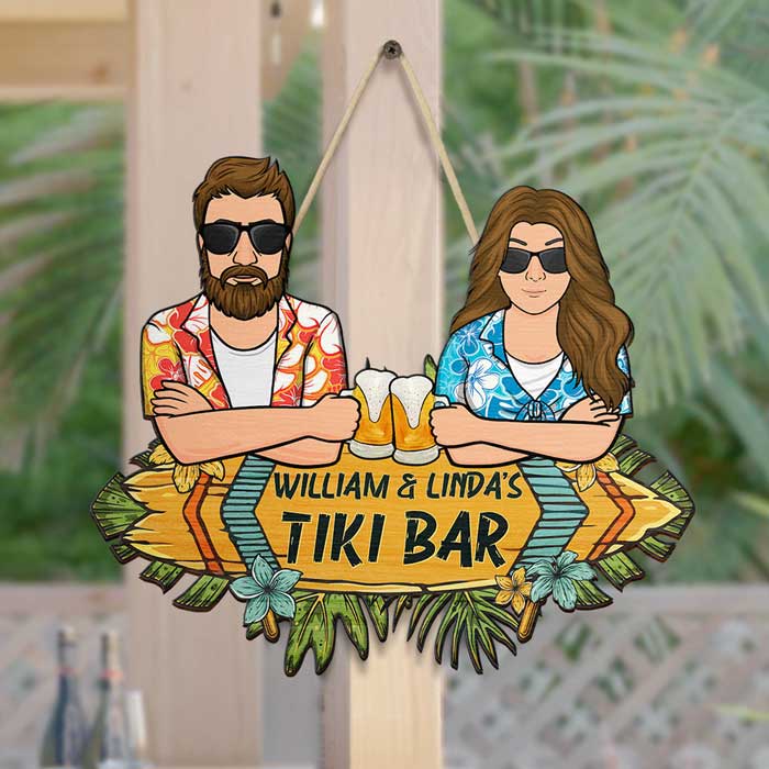 Notre bar Tiki - Panneau en bois personnalisé - Cadeau pour couple, mari et femme