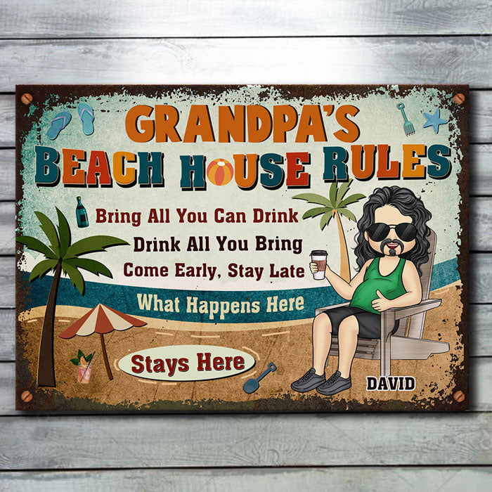 Règles de la maison de plage de grand-père - Cadeau pour papa, grand-père - Plaque en métal personnalisée