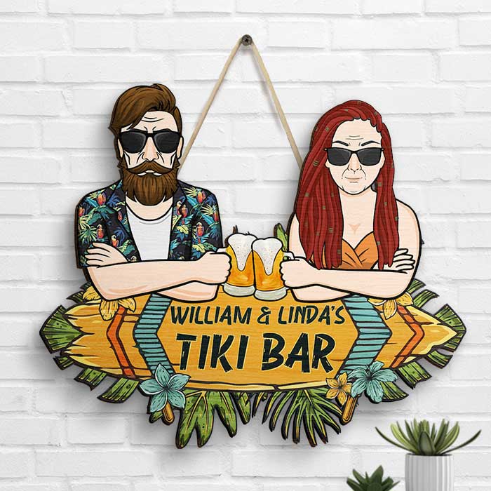 Notre bar Tiki - Panneau en bois personnalisé - Cadeau pour couple, mari et femme