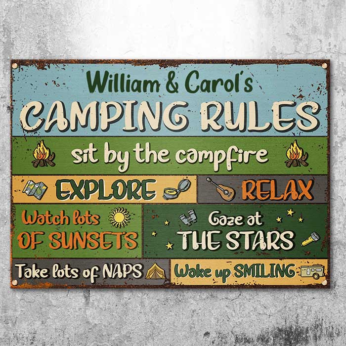 Sit By The Campfire Explore & Relax - Camping Rules - Personalized Metal Sign.