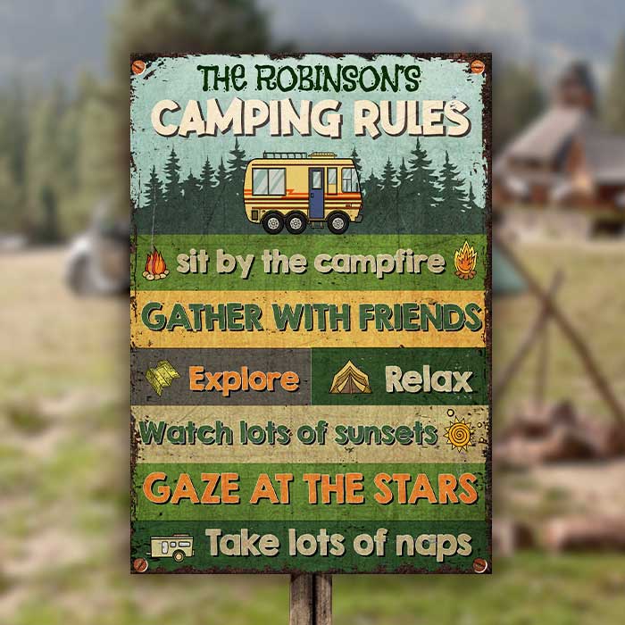 Camping Rules - Sit By The Campfire - Personalized Metal Sign.