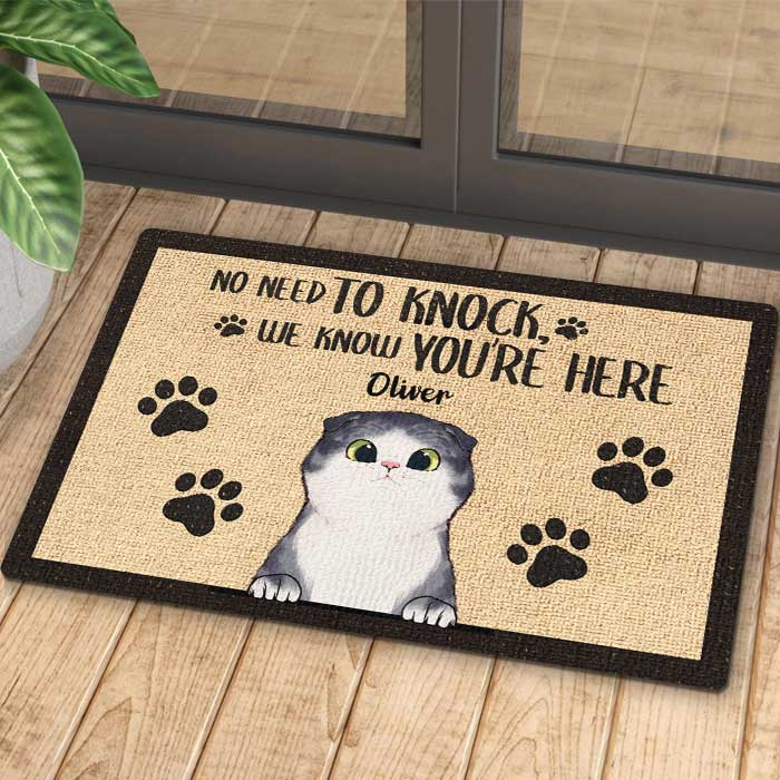 No Need To Knock We Know You're Here Peeking Cat - Funny Personalized Cat Decorative Mat.