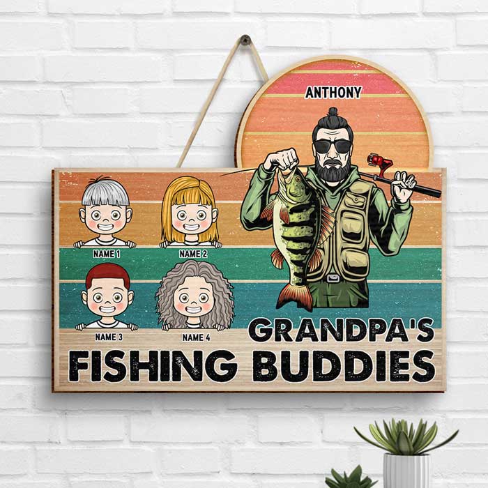 Grandpa's Fishing Buddies - Gift For Dad, Grandpa - Personalized Shaped Wood Sign