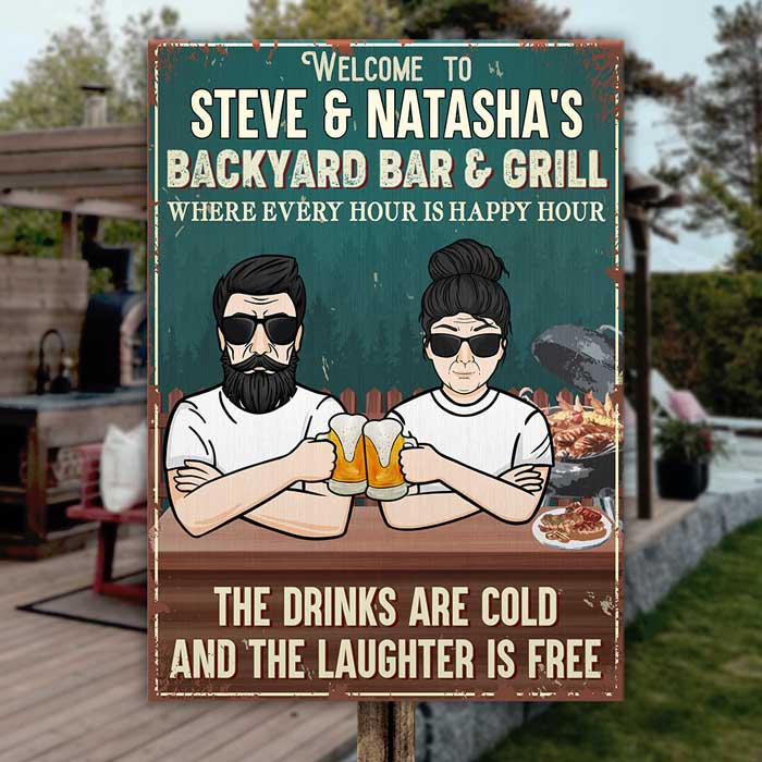 Bienvenue dans notre bar-grill où chaque heure est un happy hour - Cadeau pour couples, mari et femme, panneau en métal personnalisé