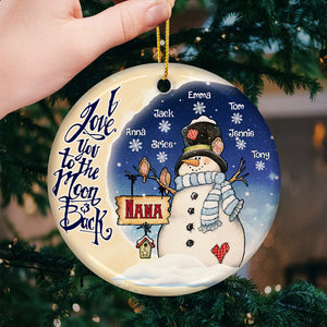 Bonhomme de neige « Je t'aime jusqu'à la lune et retour » - Décoration de Noël ronde personnalisée en céramique - Cadeau pour grand-mère, grands-parents, cadeau de Noël