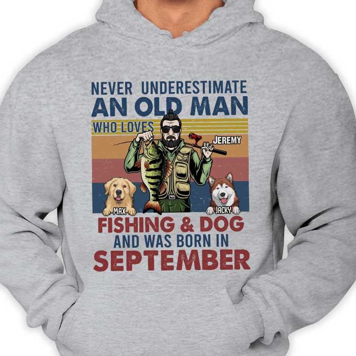Un vieil homme aime la pêche et les chiens - T-shirt unisexe personnalisé, sweat à capuche - Cadeau pour papa ou grand-père pêcheur