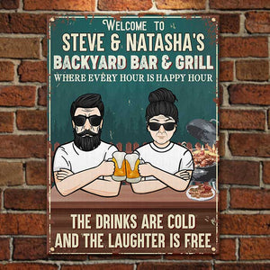 Bienvenue dans notre bar-grill où chaque heure est un happy hour - Cadeau pour couples, mari et femme, panneau en métal personnalisé