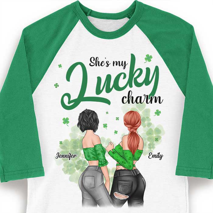 She's My Lucky Charm - Gift For Besties, Personalized St. Patrick's Day Unisex Raglan Shirt.
