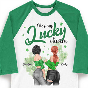 She's My Lucky Charm - Gift For Besties, Personalized St. Patrick's Day Unisex Raglan Shirt.