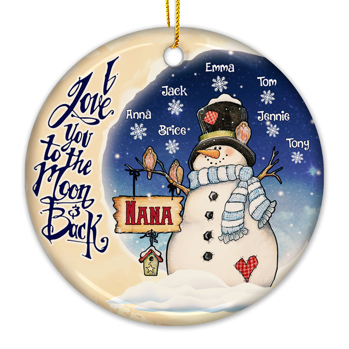 Bonhomme de neige « Je t'aime jusqu'à la lune et retour » - Décoration de Noël ronde personnalisée en céramique - Cadeau pour grand-mère, grands-parents, cadeau de Noël
