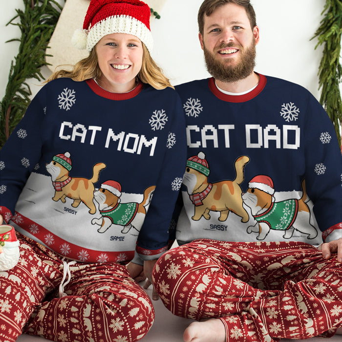 Meowy Catmas Human Servant - Sweat-shirt de Noël unisexe personnalisé et moche, en laine, imprimé intégral - Cadeau pour les amoureux des chats, des animaux, de Noël