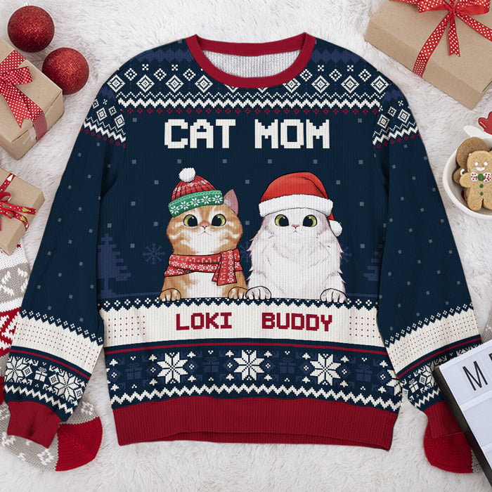 Sweat-shirt personnalisé « Chat de Noël » avec inscription « Maman et papa » - Pull en laine unisexe - Cadeau de Noël pour les propriétaires et les amoureux des animaux
