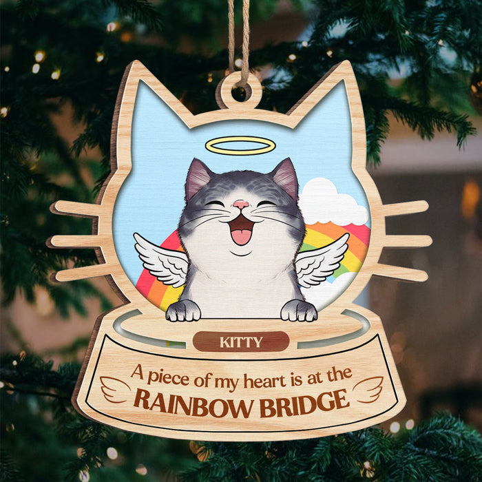 Un morceau de mon cœur est au pont arc-en-ciel - Décoration de Noël en bois personnalisée en forme de visage de chat - Télécharger une image, un cadeau commémoratif, un cadeau de condoléances, un cadeau de Noël